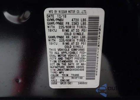 2019 Nissan Rogue Sv from USA, damaged, VIN JN8AT2MV2KW390486